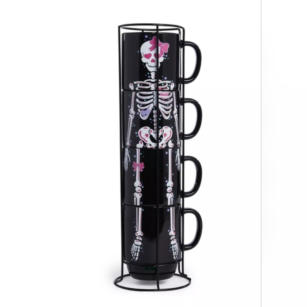 ~SOLD~ Dolls Kill Home Halloween Skull Skeleton Heartless Charm Stackable Mugs - Picture 1 of 5